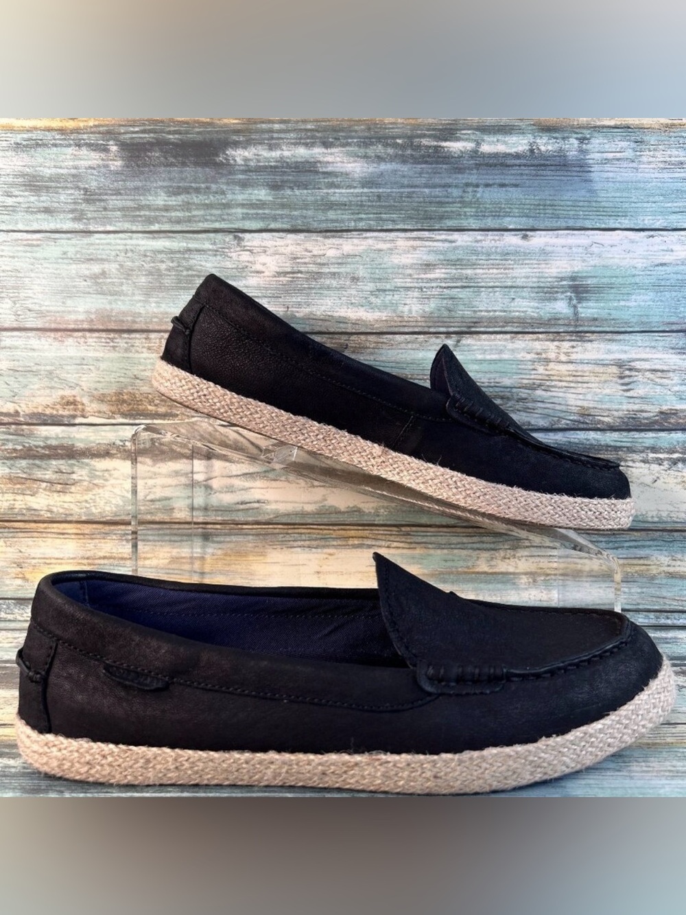 Cole Haan Nantucket Womens Espadrille Penny Loafers Size 9 Black Leather Flats